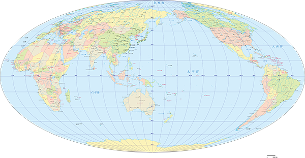モルワイデ図法世界地図-アジア