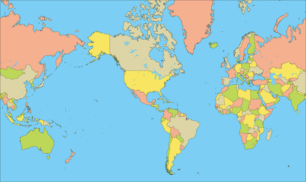 世界地図-ミラー図法am-国別-海