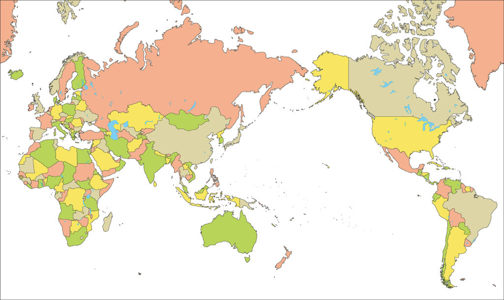 世界地図-ミラー図法as-国別