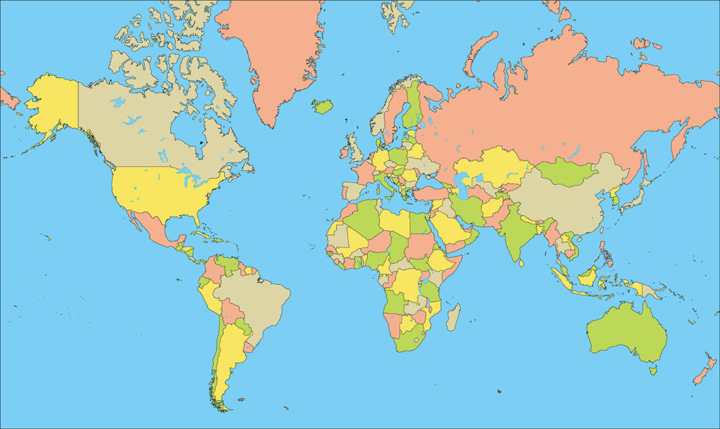 世界地図-ミラー図法ep-国別-海