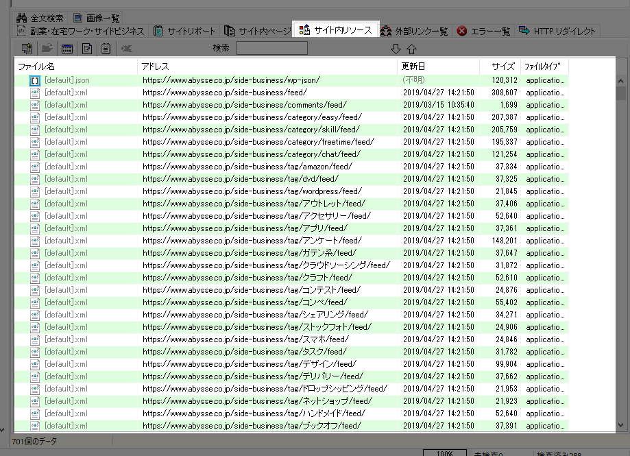 サイト内リソースの表示