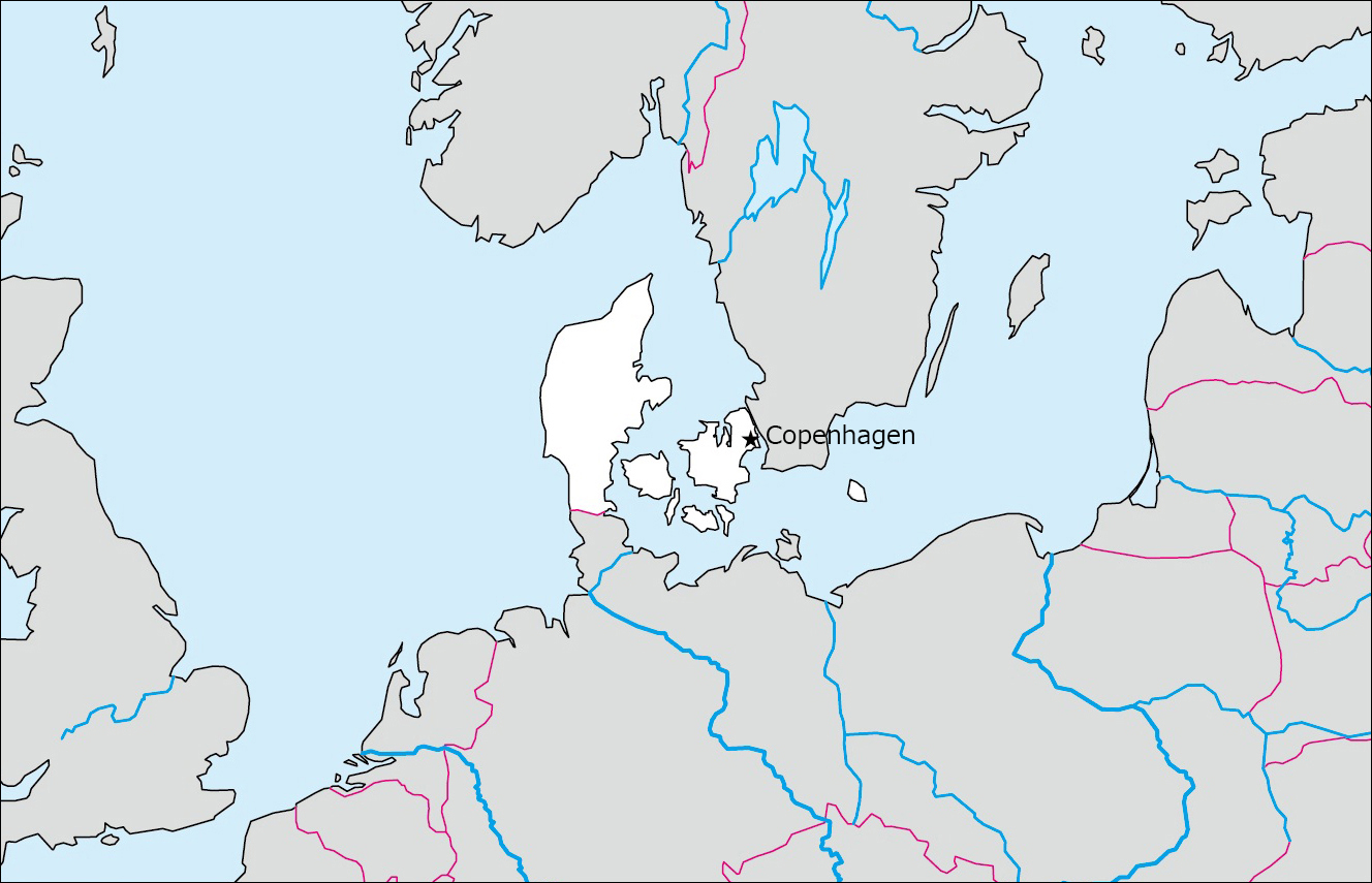 Free blank map of Denmark (with Capital) image