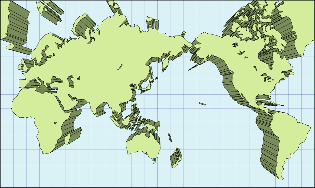 ミラー図法地図(立体化)の画像