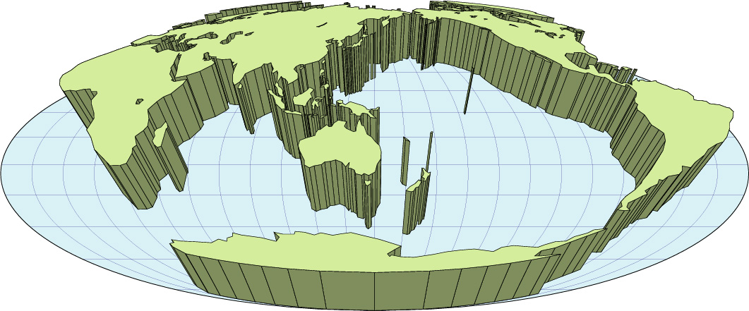 モルワイデ図法地図(立体化斜め)の画像