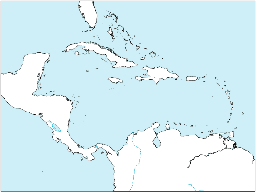 中部アメリカ地域地図(国境線なし)のフリー画像